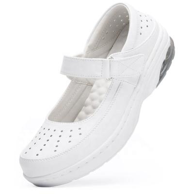 China Slip Resistant Comfortable White Nurse Shoes Air Cushion Wedge Lightweight Leather Hovercraft Shoes for sale