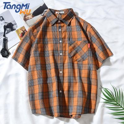 China LOGO Customization Plaid Shirt Men Casual Short Sleeved Anti-pilling Shirts Wholesale Retro for sale