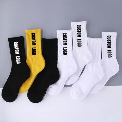 China New Design Antibacterial Fashion USA Knitted 100% Organic Cotton Sock Logo Bespoke OEM To Create Own Branded Letters Crew Socks Custom Made Big Men for sale