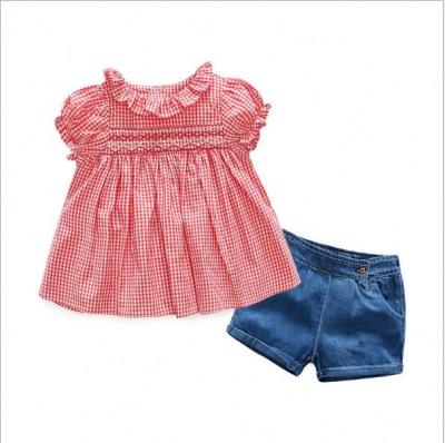 China 2019 New Summer Anti-wrinkle Dress Baby Suit Small Cool Red Embroidered Shirt Denim Shorts for sale