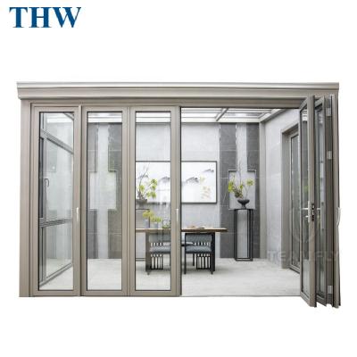 China Latest Design Heat Insulation THW Hurricane Bi Fold Proof Aluminum Floding Glass Doors For Villa Home for sale