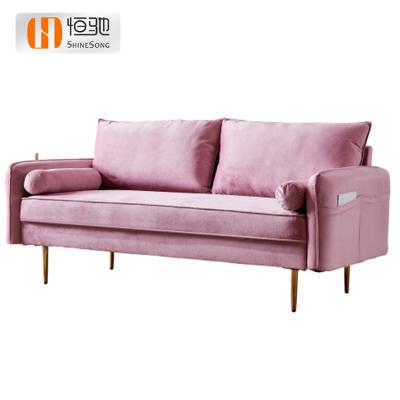 China Hot Selling High Resilience Sponge Sofa Living Room Furniture Velvet Sofa Fabric Modern Pink Loveseat With Gold Metal Leg for sale