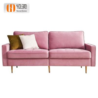 China Contemporary high sponge studio couch furniture modern sofa 2 seater pink resilience fabric sofa with metal legs for sale