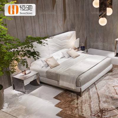 China Customize Available High End 180x200 Bed Frame Modern Wood Bedroom Furniture Luxury White Leather Double Beds for sale