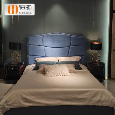 China Customize 150*200 Bed Available Soft Blue Natural Blue Fabric Bed Frame Headboard Furniture Large Bedroom Beds for sale