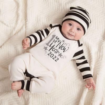 China Breathble 2022 new boy and girl comfortable striped letters newborn baby rompers jumpsuits rompers three piece sets for sale