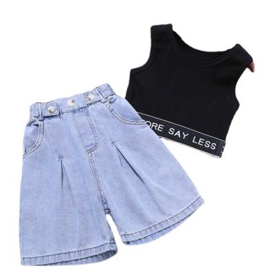 China Wholesale Fashion Sweet Girls Boutique Clothing Sets 2021 New Letter Strap Vest With Wide Leg Jeans Set 2pcs Sets for sale