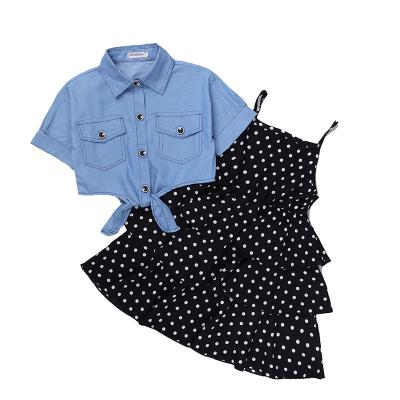 China New Summer Sweet Girls Short Sleeve Denim Jacket and Polka Dot Skirt Suit Wholesale Girls Dress Sets (2-12 Years) 2021 for sale