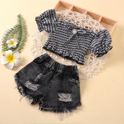 China 2022 New Sale Girls Casual Hot Denim Ripped Shorts With One-shoulder Plaid Top Boutique Clothing Sets Summer for sale