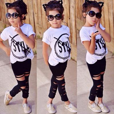 China Baby boutique casual clothing sets summer letter short sleeve top + ripped pants girls dress two piece sets for sale