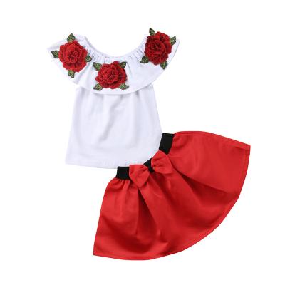 China Fashion girls boutique peony hot selling embroidery one shoulder top red skirt two-piece clothing sets 2021 for sale