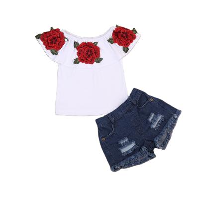 China Hot Selling Europe and America Girls 2 PC Sets Rose Top Solid Denim Shorts Summer Girls Boutique Clothing Sets for sale