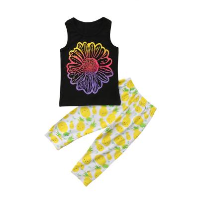 China Casual Girls Outfits Sunflower Blouse Black Pineapple Pants Babies Clothing Sets Kids Summer for sale