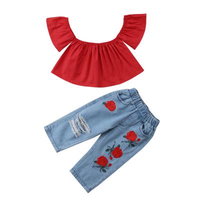 China Europe and America Hot Sales Girls Summer Red Strapless Top Embroidered Rose Ripped Denim Pants Clothing Boutique Sets for sale