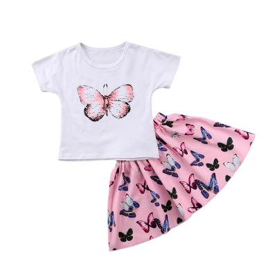 China The new butterfly casual print around the neck short-sleeved T-shirt with two-piece skirt girls boutique clothing sets 2021 for sale