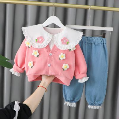 China 2022 Sweet Spring Three Piece Baby Girls Clothing Cute Flower Babies Sets For 1 To 4 Baby Years Old for sale