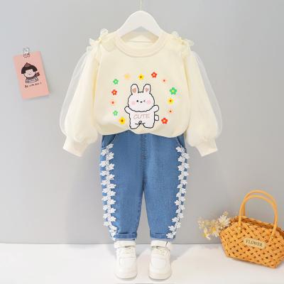 China Sweet Girls Baby Outfits 2022 New Spring Girls Cartoon Sweet Lace Up Long Sleeve Jeans Baby Outfits Two Piece Sets for sale