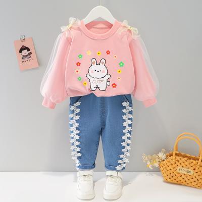 China 2022 Soft spring new cartoon sweet girls lace up long sleeve jeans baby outfits two-piece sets for sale