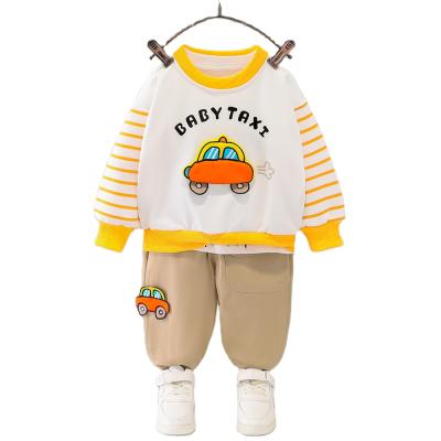 China 2022 New Casual Kids Clothes Little Car Top With Tie Feet Denim Pants Two Piece Toddler Boys Clothing Sets for sale