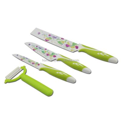 China Sustainable Stylish Flower Coating Kitchen Knife Set With Peeler for sale