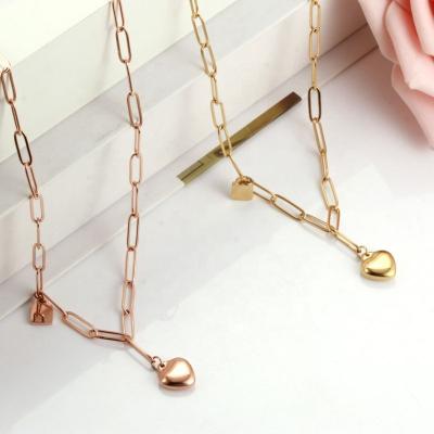 China TRENDY 18k Gold Plated Stainless Steel Fashion Jewelry Rose Gold Love Heart And Lock Couple Necklaces for sale