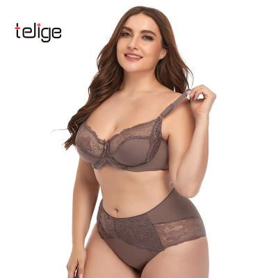 China Breathable Sexy Lace Full Cup Ladies Bra Sets For Underwire Thin Comfort Breathable Underwear Solid Color Plus Size Lingerie Set 38D-48D for sale