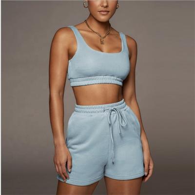 China Summer Women Breathable Cotton 2 Piece Bra Tops And Matching Biker Pocket Shorts Set for sale