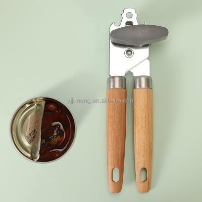 China Sustainable Manual Hand Held Can Opener With Beech Wood Handle Stainless Steel Sharp Blade Can Opener for sale