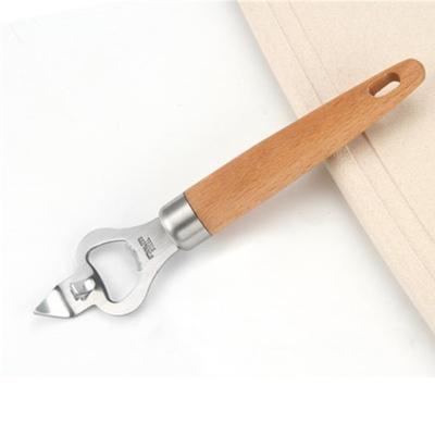 China Viable Multifunctional Stainless Steel Manual Bottle Opener With Beech Wood Handle Kitchen Instrument Tools Accessories for sale