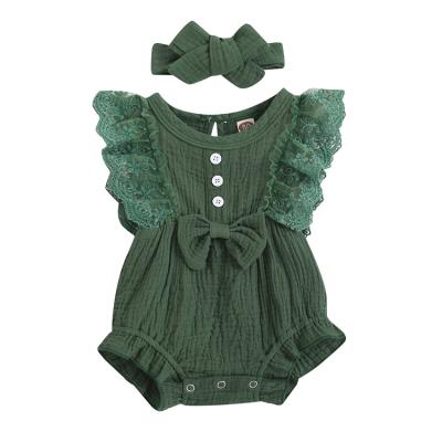 China Soft Newborn Baby Clothes Natural Kids Clothing Fabric Simple Solid Ruffle Sleeves 100% Cotton Baby Linen Romper for sale