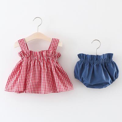 China Summer New Girls Plaid Formal Popular Suit Cute Woven Bridle Bridle Plus Shorts Two Piece Set for sale