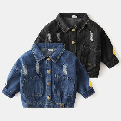 China Wholesale children's baby breathable children's clothing autumn style jacket denim slanted shoulder smiling face clothing boy denim jacket for sale