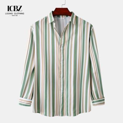 China Custom Logo Vertical Striped Casual Dress Shirts for Men in Viscose/Polyester/Spandex for sale