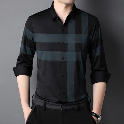 China Striped Polyester/Cotton Casual Black Shirt for Men Slim Fit Long Sleeve Shirts for sale