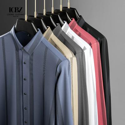 China LCBZ Custom Logo Luxury Striped Silk Men's Shirt Covered Button Closure for Winter for sale