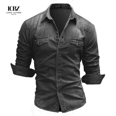 China Men's Woven Denim Dress Shirts European Size Long Sleeve High Collar Cotton Shirt for sale