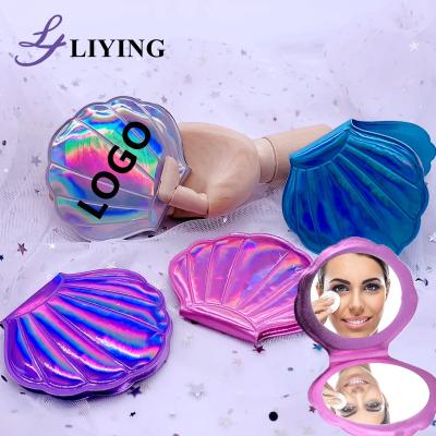 China PU Mermaid Mini Hand Mirror Shell Shape Holographic Leather Pocket Mirror Magnifying Compact for sale