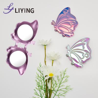 China New Bling Butterfly Pocket Cute Pocket Mirror Leather Portable Magnifying Makeup Mirror for sale