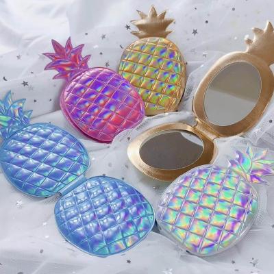 China New Pineapple Bling Magnifying Leather Branded Compact Mirror Cheap Portable Holographic Pocket Mirror Custom Logo for sale