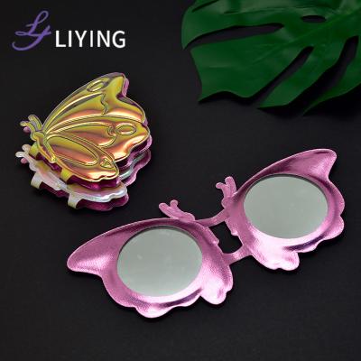 China Magnifying OEM ODM Customized Logo Mirror Compact Glitter Butterfly Pocket Make Up Mirror Purse Small Portable Mirror for sale