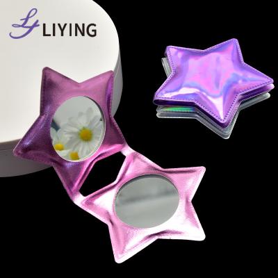 China Small MOQ Compact Holographic Makeup Mirror Pocket For Enlarging PU Shiny Cosmetic Mini Star Mirror Pocket for sale