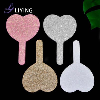 China Custom Made Small Mirror Purple Heart by MOQ Logo Bling Glitter Heart Shape Make Up Hand Held Mirror Lash Mirror for sale