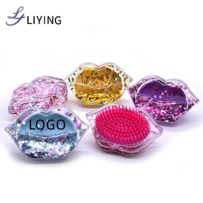 China Amazon Hot Sale Detangling Waterproof Private Label Brush Logo Liquid Glitter Lip Shape Custom Mini Detangle Hair Brush for sale