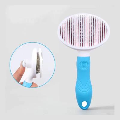 China Stocked Pet Grooming Brush Stainless Steel Comb Self Cleaning Pet Brush Hair Removal for sale