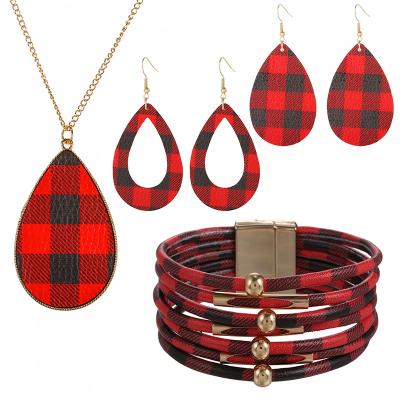 China Buffalo Plaid Jewelry Set Faux Leather Necklace Earrings And Bracelet Ethnic Christmas Gifts For Women for sale