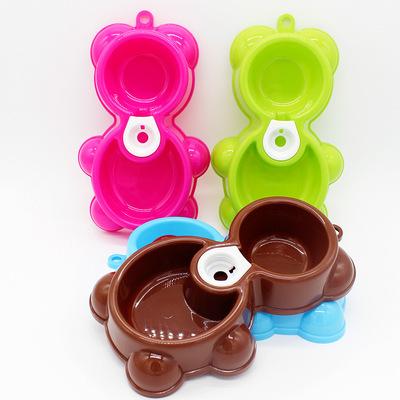 China Anti-slip small pets light weight automatic cat feeder. Double plastic bear bowl suitable for small pets with drinking head for sale