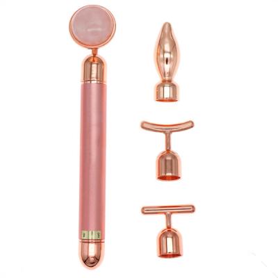 China Face Lift Face Care Instrument Rose Quartz Jade Roller 4 in 1 Vibrating Facial Massager Set for sale