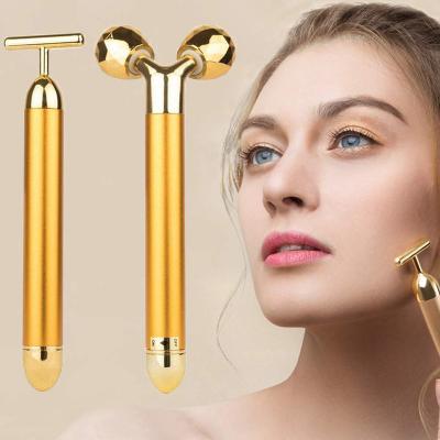 China Convenient Skin Tightening Slimming Face Lift Roller Pulse Energy 24K Gold 2 in 1 Facial Massager Revitalizer Beauty Bar for Skin Care for sale