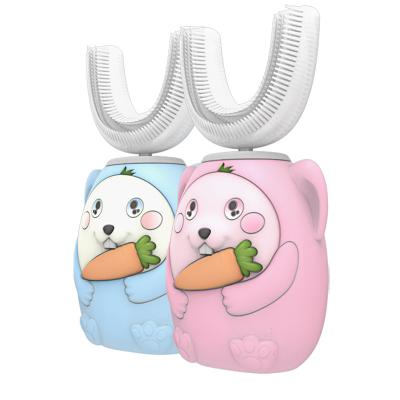 China Cartoon Rabbit Wireless Waterproof Ultrasonic Soft Bristle Blue Light IPX7 Type U Shape Toothbrush For Kids And Infants for sale