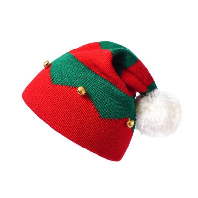 China Hot Selling 1-6Y Kids Acrylic Christmas Hats Stripe Knitting Crossover Hat With Bell Christmas Elf Hats for sale